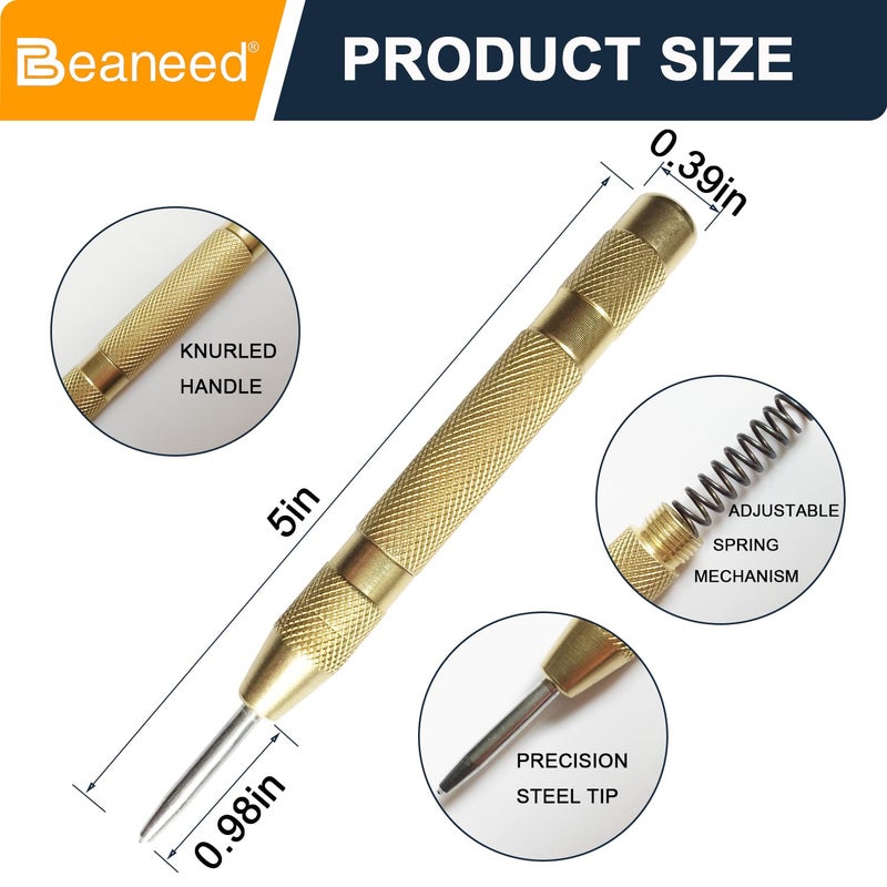 Beaneed 2Pcs Automatic Center Punch, 5" Spring Loaded with 2 Extra Tips | Heavy Duty Steel | Punch Tool for Metal Drilling & Emergency Glass Break - Image 2